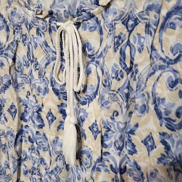 Lark Lane 2X Blue Cream Patterned Peasant Blouse Top Bohemian Tunic Women - Picture 3 of 8